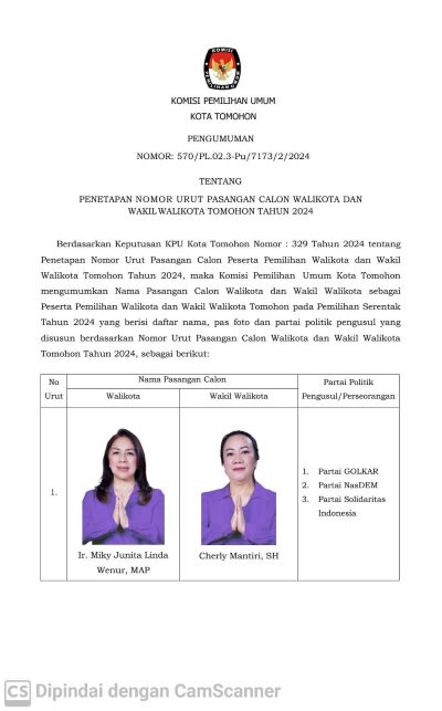 Tomohon, nomor urut pasangan